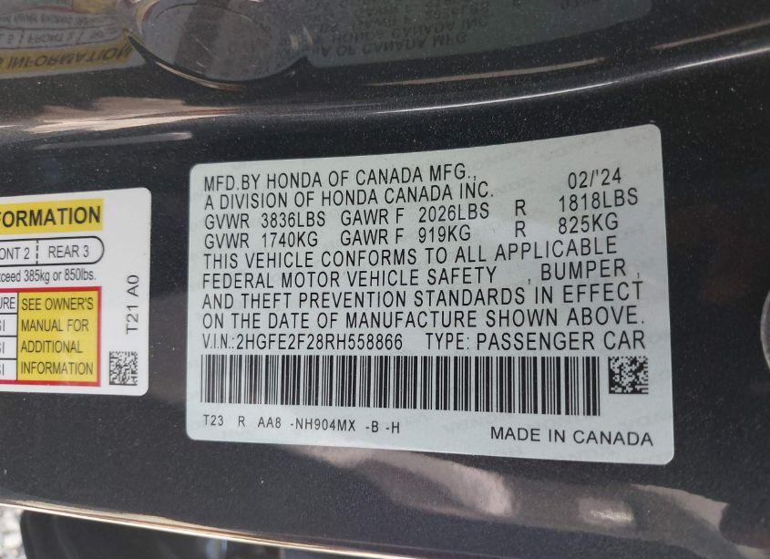 Photo 9 of 2024 Honda Civic LX (VIN 2HGFE2F28RH558866)