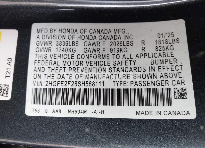 Photo 9 of 2025 Honda Civic LX (VIN 2HGFE2F28SH568111)