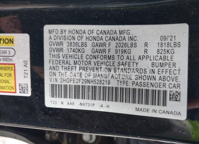 Photo 9 of 2022 Honda Civic LX (VIN 2HGFE2F29NH528219)