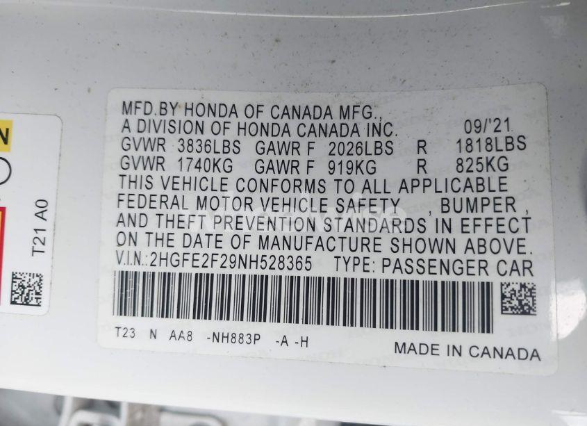 Photo 9 of 2022 Honda Civic LX (VIN 2HGFE2F29NH528365)
