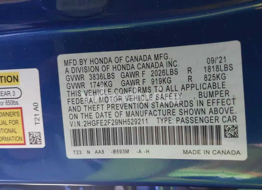 Photo 9 of 2022 Honda Civic LX (VIN 2HGFE2F29NH529211)