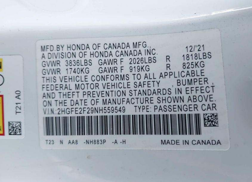 Photo 9 of 2022 Honda Civic LX (VIN 2HGFE2F29NH559549)