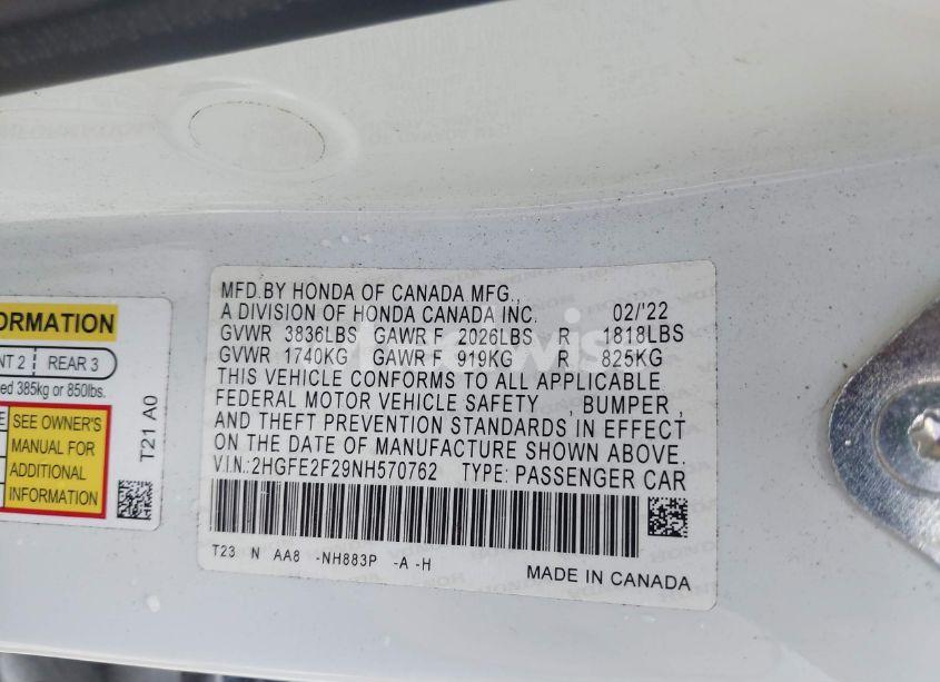 Photo 9 of 2022 Honda Civic LX (VIN 2HGFE2F29NH570762)