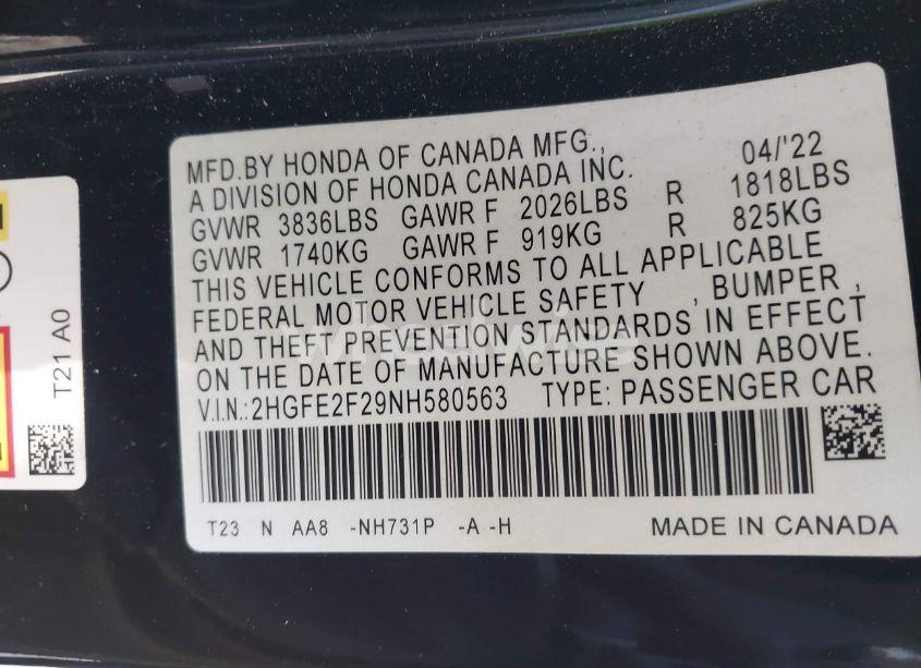 Photo 9 of 2022 Honda Civic LX (VIN 2HGFE2F29NH580563)