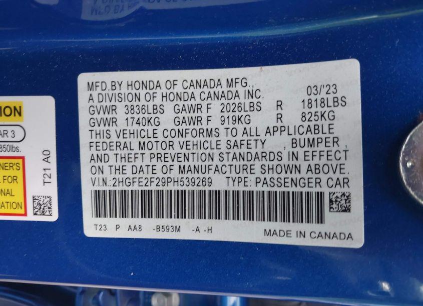 Photo 9 of 2023 Honda Civic LX (VIN 2HGFE2F29PH539269)