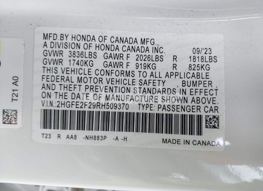 Photo 9 of 2024 Honda Civic LX (VIN 2HGFE2F29RH509370)