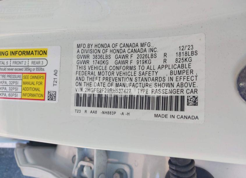 Photo 9 of 2024 Honda Civic LX (VIN 2HGFE2F29RH537427)