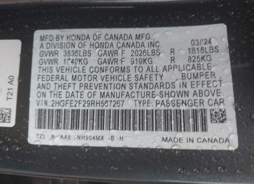 Photo 9 of 2024 Honda Civic LX (VIN 2HGFE2F29RH567267)