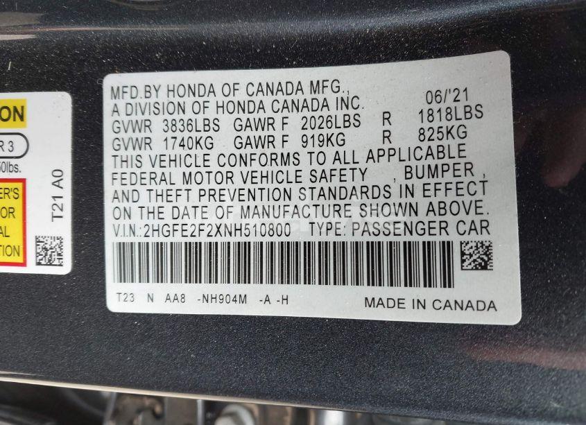 Photo 9 of 2022 Honda Civic LX (VIN 2HGFE2F2XNH510800)