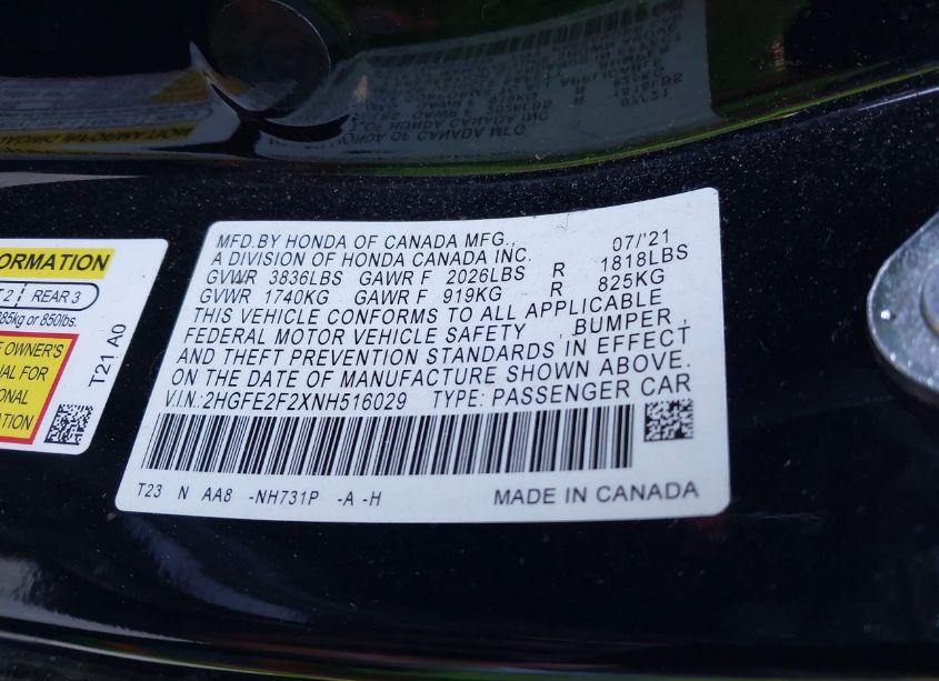 Photo 9 of 2022 Honda Civic LX (VIN 2HGFE2F2XNH516029)