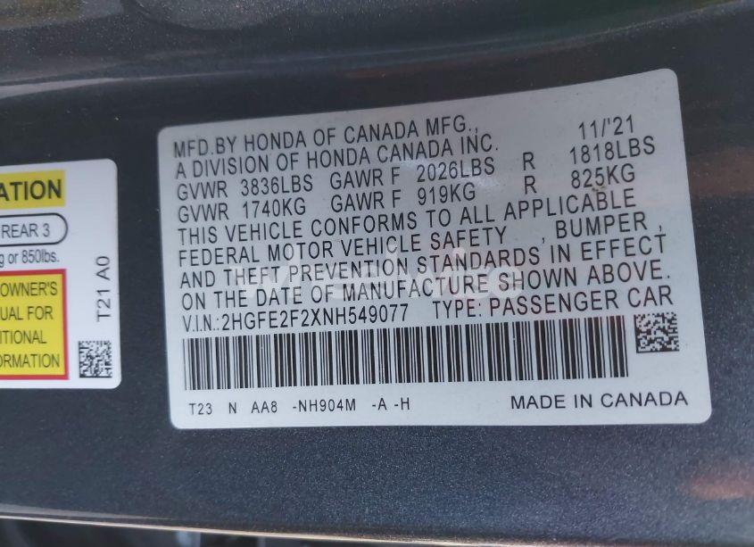 Photo 9 of 2022 Honda Civic LX (VIN 2HGFE2F2XNH549077)