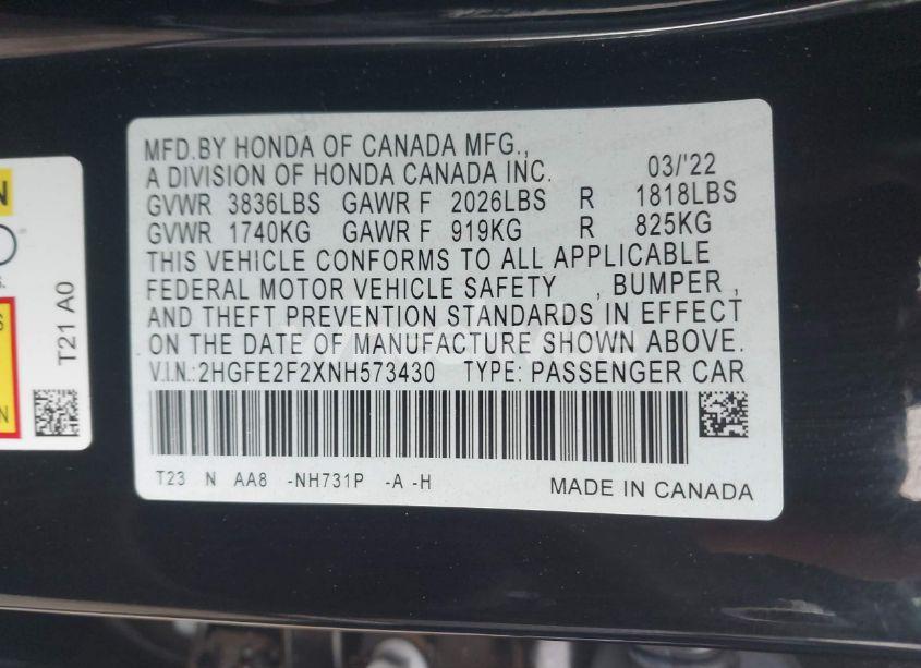 Photo 9 of 2022 Honda Civic LX (VIN 2HGFE2F2XNH573430)