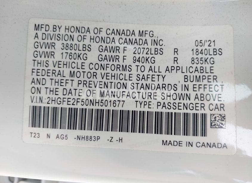 Photo 9 of 2022 Honda Civic SPORT (VIN 2HGFE2F50NH501677)