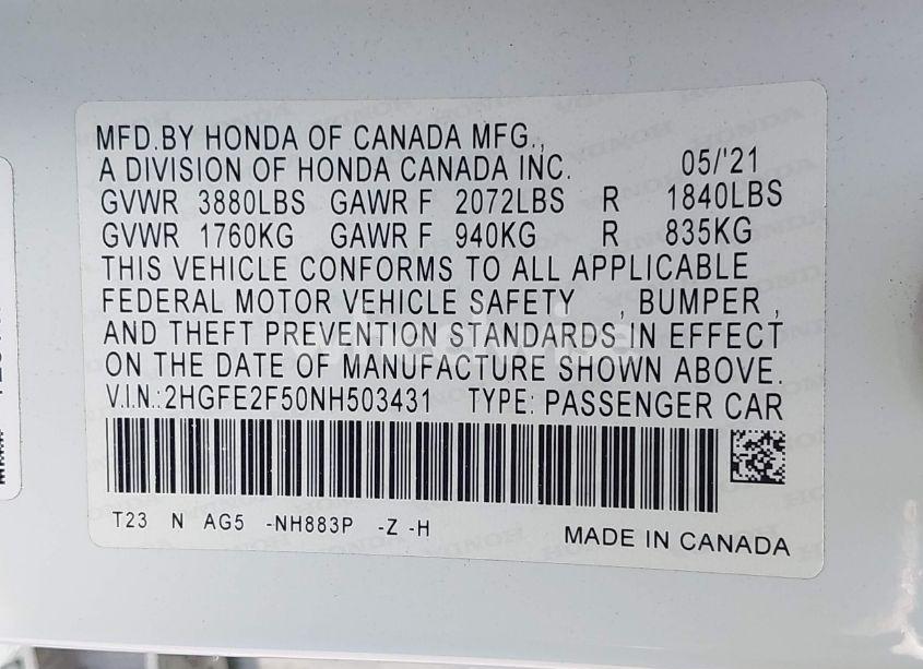 Photo 9 of 2022 Honda Civic SPORT (VIN 2HGFE2F50NH503431)