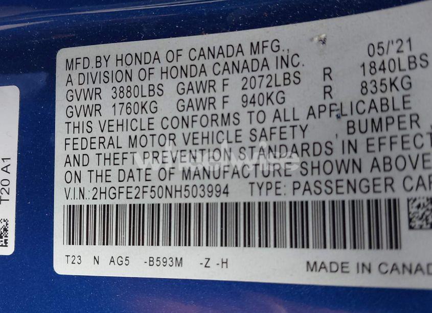 Photo 9 of 2022 Honda Civic SPORT (VIN 2HGFE2F50NH503994)