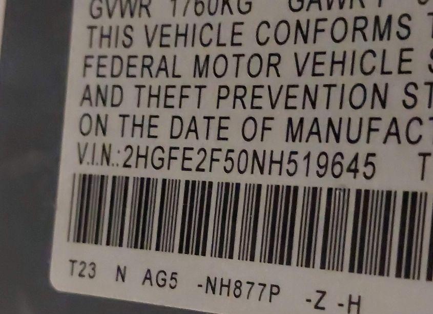 Photo 9 of 2022 Honda Civic SPORT (VIN 2HGFE2F50NH519645)