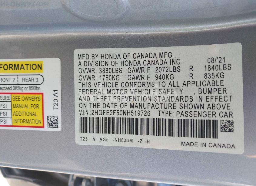 Photo 9 of 2022 Honda Civic SPORT (VIN 2HGFE2F50NH519726)