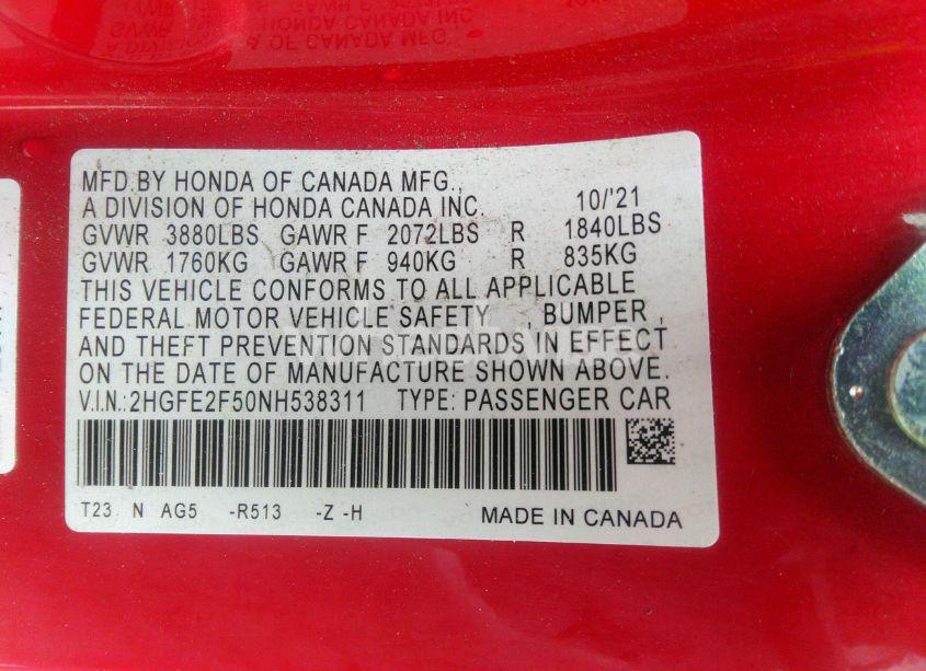 Photo 9 of 2022 Honda Civic SPORT (VIN 2HGFE2F50NH538311)