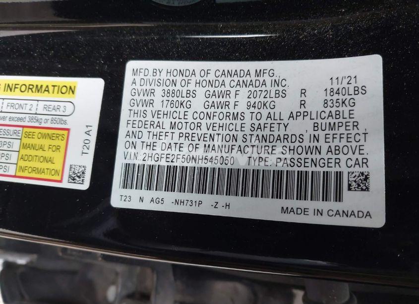 Photo 9 of 2022 Honda Civic SPORT (VIN 2HGFE2F50NH545050)