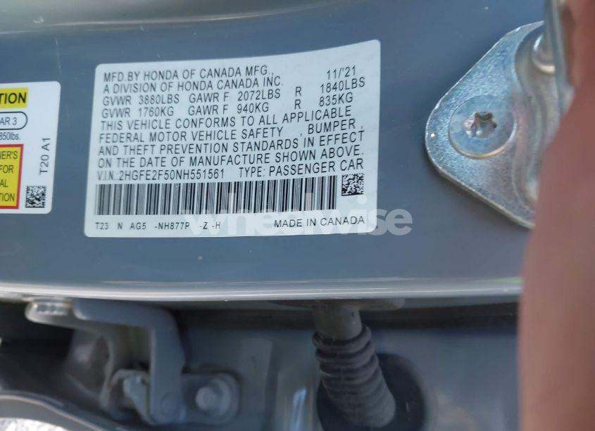 Photo 9 of 2022 Honda Civic SPORT (VIN 2HGFE2F50NH551561)