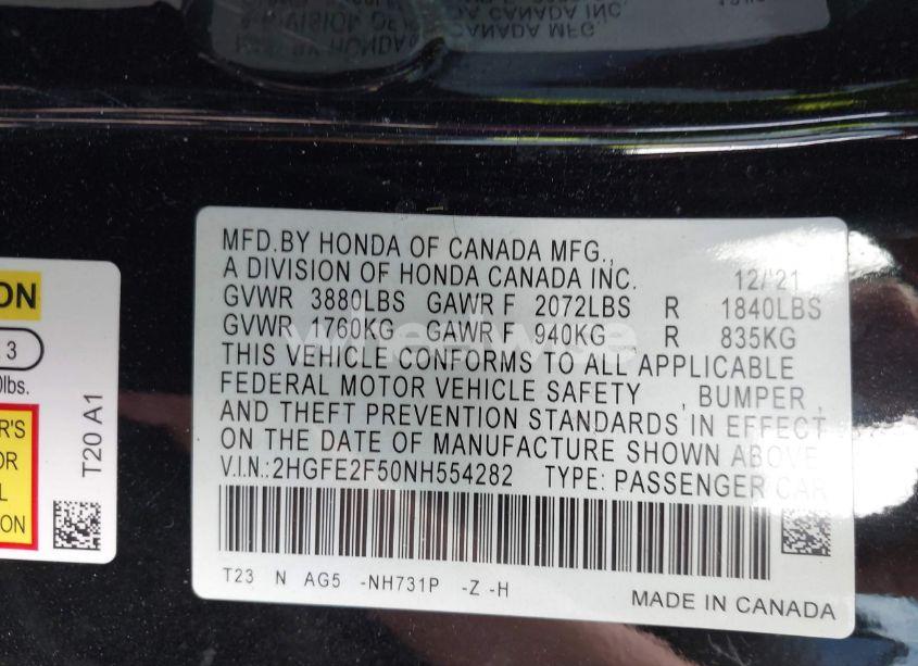 Photo 9 of 2022 Honda Civic SPORT (VIN 2HGFE2F50NH554282)