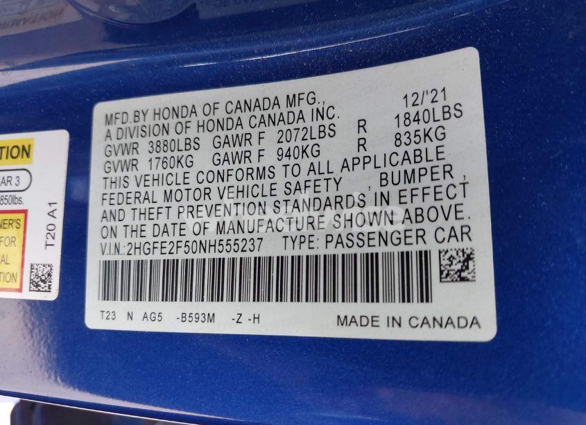 Photo 9 of 2022 Honda Civic SPORT (VIN 2HGFE2F50NH555237)