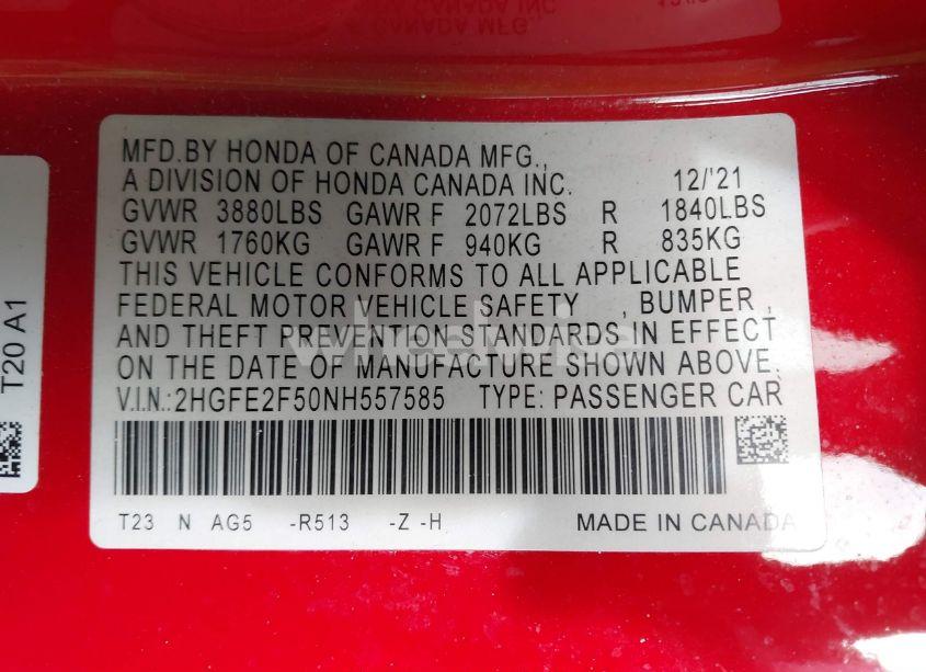 Photo 9 of 2022 Honda Civic SPORT (VIN 2HGFE2F50NH557585)