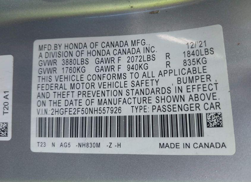 Photo 9 of 2022 Honda Civic SPORT (VIN 2HGFE2F50NH557926)