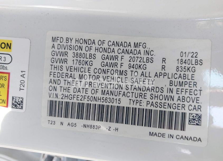 Photo 9 of 2022 Honda Civic SPORT (VIN 2HGFE2F50NH563015)