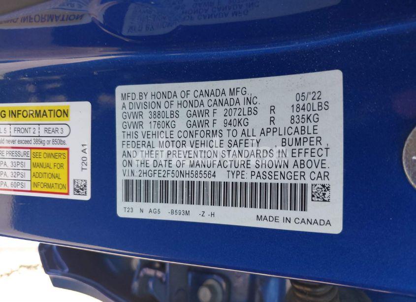Photo 9 of 2022 Honda Civic SPORT (VIN 2HGFE2F50NH585564)