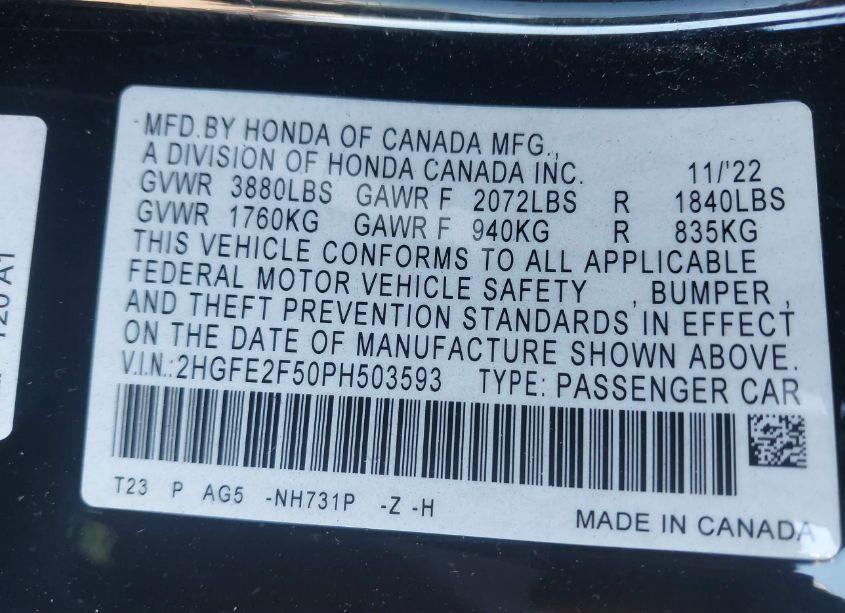 Photo 9 of 2023 Honda Civic SPORT (VIN 2HGFE2F50PH503593)