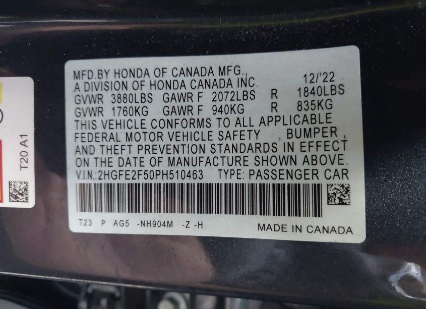 Photo 9 of 2023 Honda Civic SPORT (VIN 2HGFE2F50PH510463)