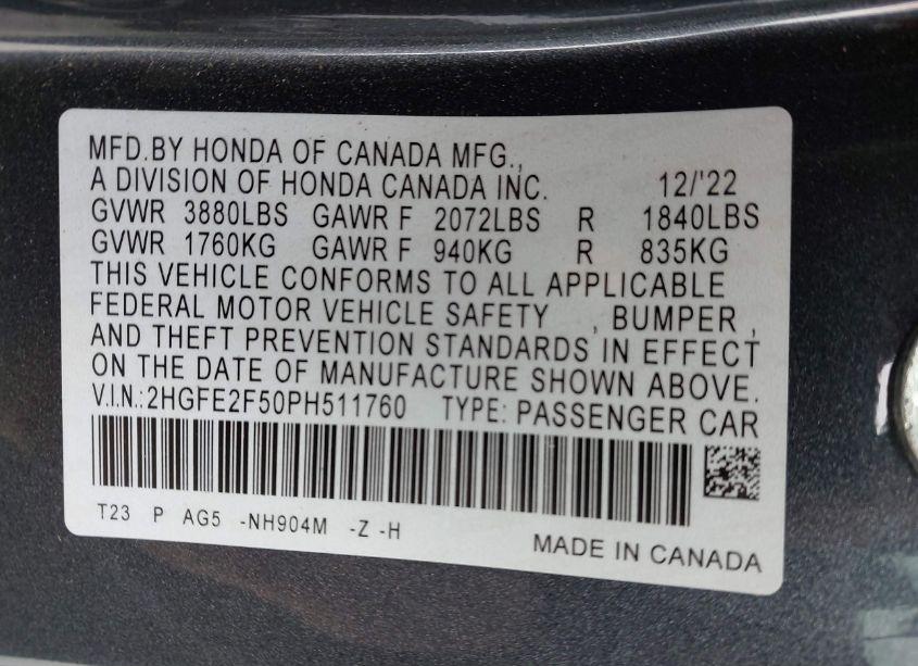 Photo 9 of 2023 Honda Civic SPORT (VIN 2HGFE2F50PH511760)