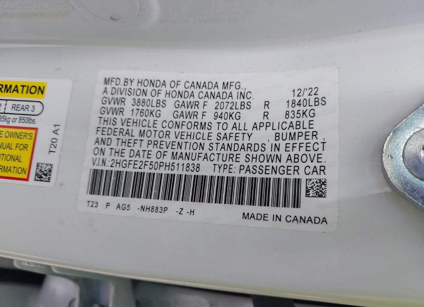 Photo 9 of 2023 Honda Civic SPORT (VIN 2HGFE2F50PH511838)