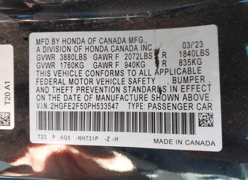 Photo 9 of 2023 Honda Civic SPORT (VIN 2HGFE2F50PH533547)
