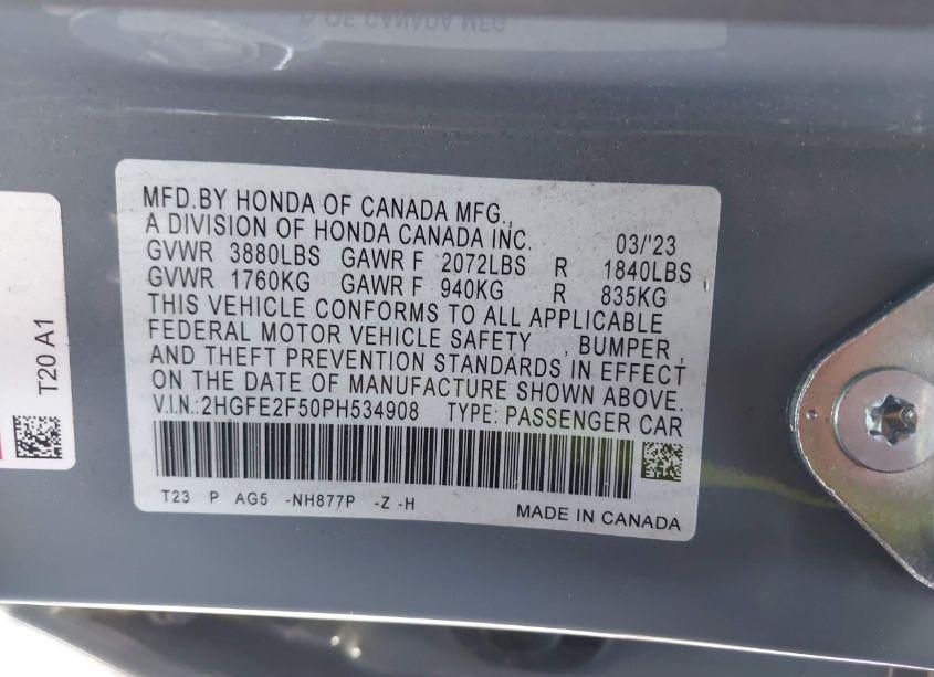 Photo 9 of 2023 Honda Civic SPORT (VIN 2HGFE2F50PH534908)