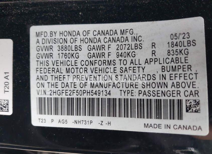 Photo 9 of 2023 Honda Civic SPORT (VIN 2HGFE2F50PH549134)