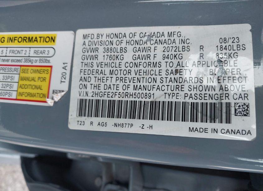 Photo 9 of 2024 Honda Civic SPORT (VIN 2HGFE2F50RH500891)