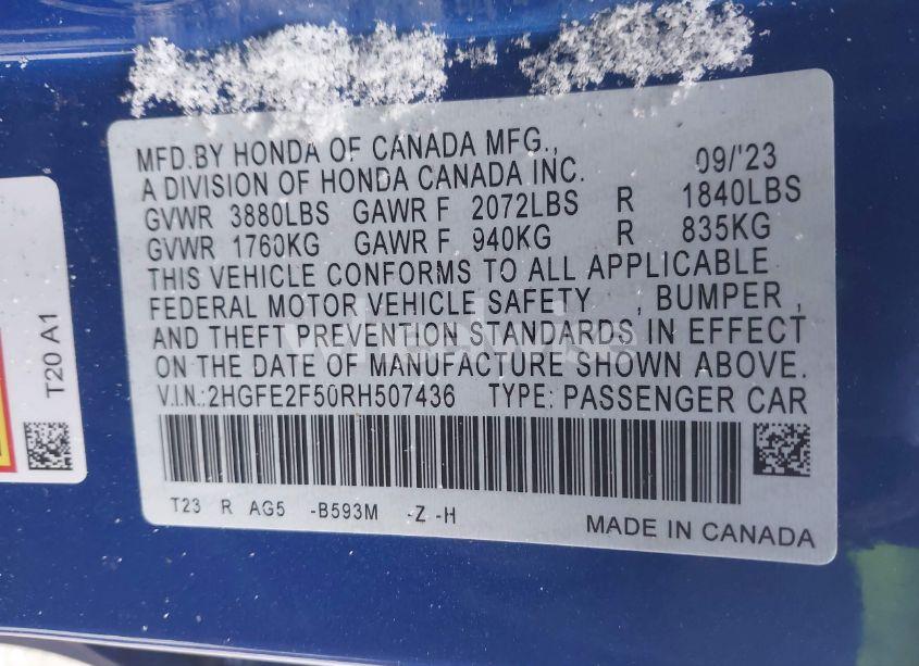 Photo 9 of 2024 Honda Civic SPORT (VIN 2HGFE2F50RH507436)