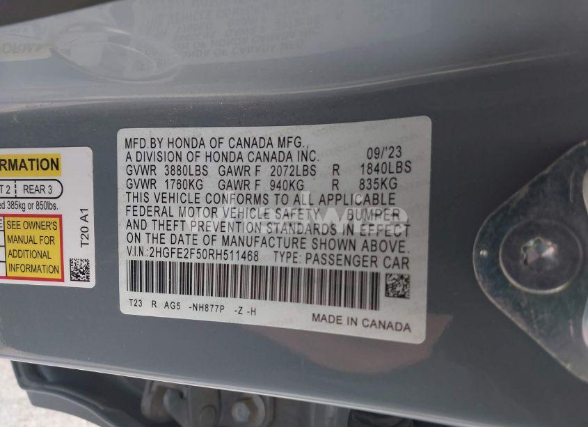 Photo 9 of 2024 Honda Civic SPORT (VIN 2HGFE2F50RH511468)