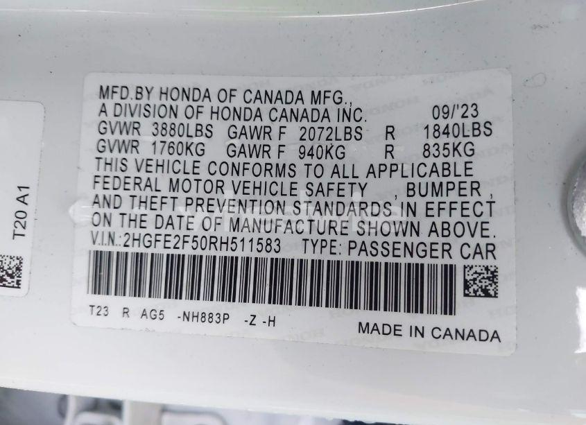 Photo 9 of 2024 Honda Civic SPORT (VIN 2HGFE2F50RH511583)