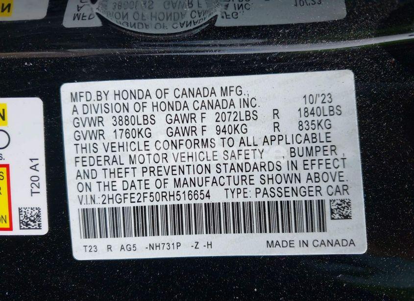 Photo 9 of 2024 Honda Civic SPORT (VIN 2HGFE2F50RH516654)