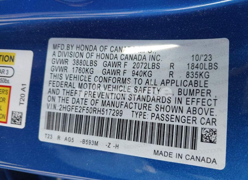 Photo 9 of 2024 Honda Civic SPORT (VIN 2HGFE2F50RH517299)