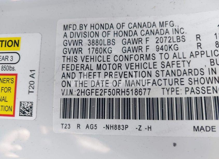 Photo 9 of 2024 Honda Civic SPORT (VIN 2HGFE2F50RH518677)