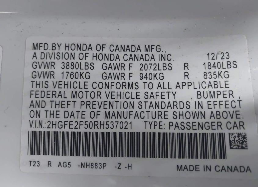 Photo 9 of 2024 Honda Civic SPORT (VIN 2HGFE2F50RH537021)