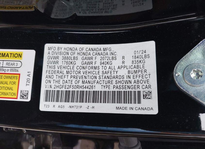 Photo 9 of 2024 Honda Civic SPORT (VIN 2HGFE2F50RH544261)