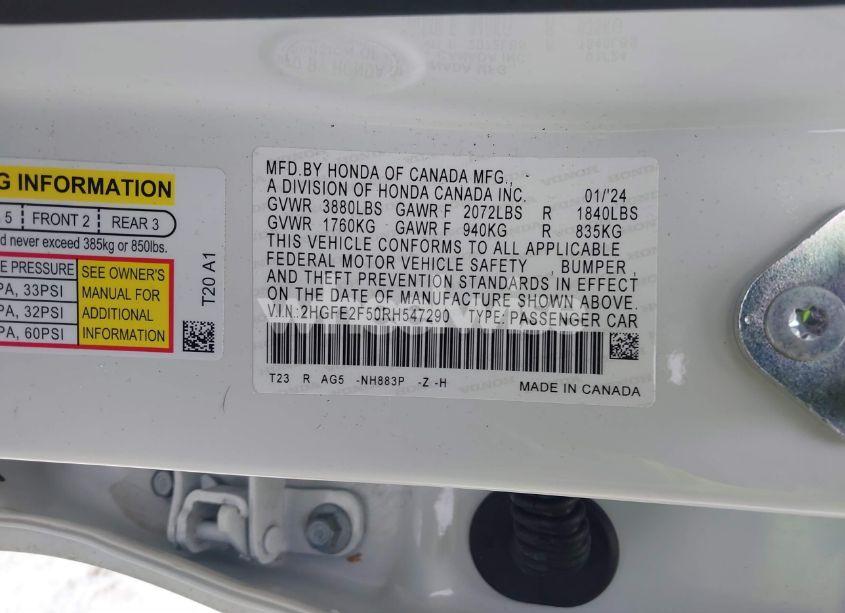 Photo 9 of 2024 Honda Civic SPORT (VIN 2HGFE2F50RH547290)