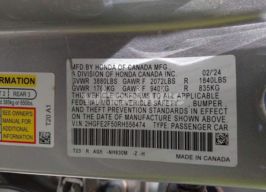 Photo 9 of 2024 Honda Civic SPORT (VIN 2HGFE2F50RH556474)