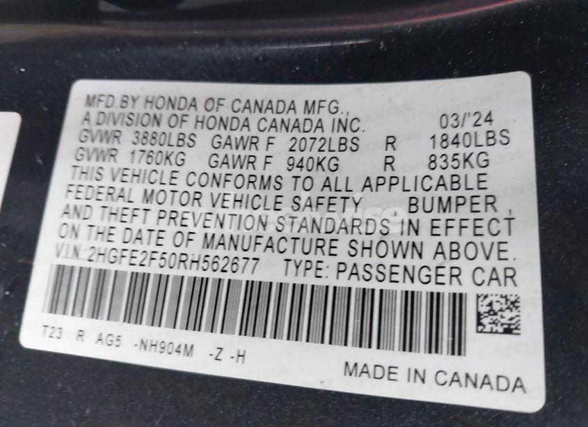 Photo 9 of 2024 Honda Civic SPORT (VIN 2HGFE2F50RH562677)