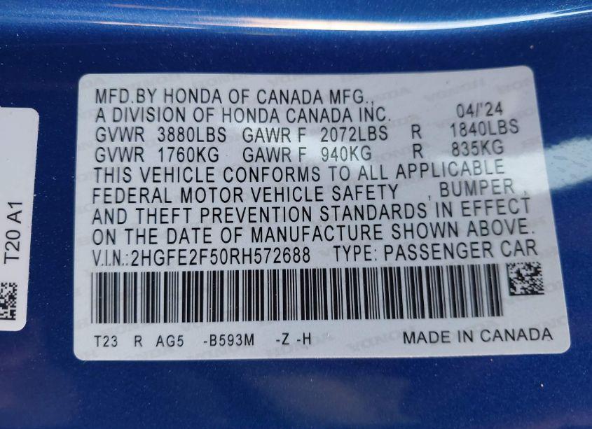 Photo 9 of 2024 Honda Civic SPORT (VIN 2HGFE2F50RH572688)
